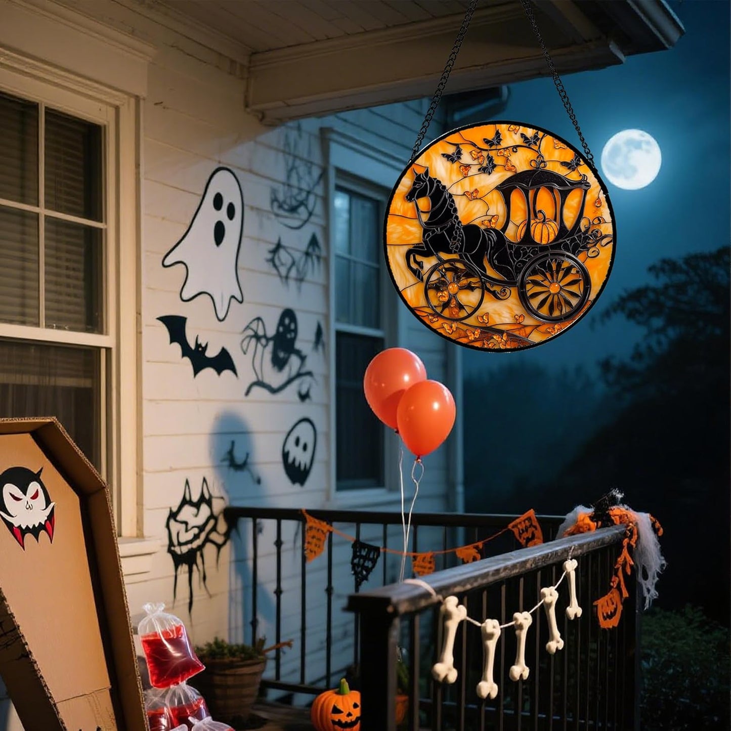 Stained Glass Window Hanging - Halloween Pumpkin Carriage Suncatcher for Doors Window Garden Indoor Spooky Funny Orange Sun Catchers Gothic Decor Horror Gifts for Women Men Friend 9.8 in