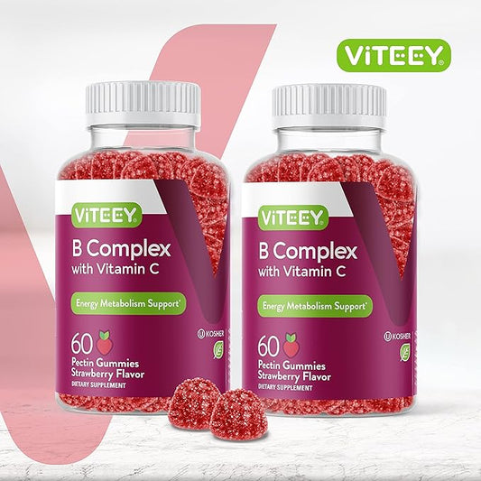Viteey Vitamin B Complex Gummies with Vitamin C - Energy, Metabolism & Immune Support - B6, B12, Niacin, Folic Acid, Biotin, Calcium - Vegan, Gluten-Free - 120 Count