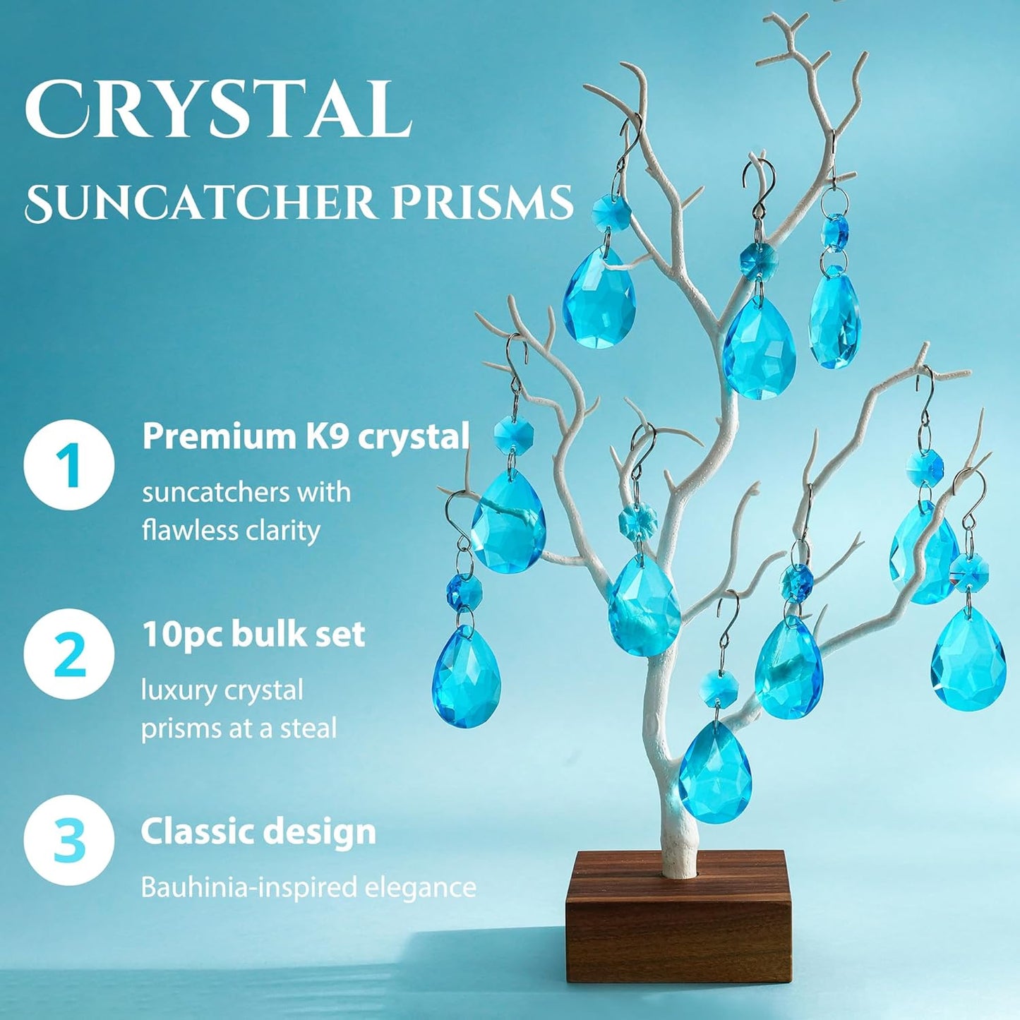 H&D HYALINE & DORA 3Inch Crystal Suncatcher Bauhinia Prisms Pendants 10Pcs Chandelier Crystals Replacement Hanging Sun Catcher Beads for DIY Arts Crafts Decor (Lake Blue)