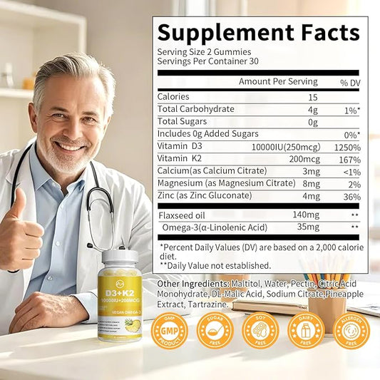 Vitamin D3 K2 Gummies, Vitamin D3 10000IU, K2 (MK-7) 200mcg, 6-in-1 Vitamina D3 Con K2 Supplement with Omega-3, Magnesium, Calcium and Zinc for Bones, Teeth & Immune Support, Sugar Free, 1 Pack
