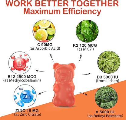 Methylated Multivitamin Women Men, Vitamin D3 K2 5000IU / 10,000IU, B12 5000 mcg 2500mcg, K2 (MK-7) 240mcg- ADK+Methyl Vitamin B12, Vegan D3,Vitamin A,C,Zinc Eye,Bone,Energy,Immune, Sugar-Free Gummies