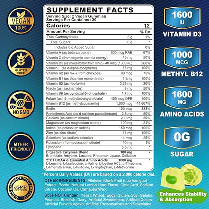 Methylated Multivitamin for Men Gummies, BCAA Amino Acids, Zinc, Daily Vitamin A C D3 E K2 B Complex, Calcium, Magnesium, Lycopene, Digestive Enzymes - Energy, Immune, Muscle- Sugar Free, Vegan, 60Cts