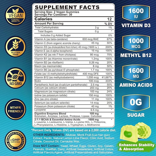 Methylated Multivitamin for Men Gummies, BCAA Amino Acids, Zinc, Daily Vitamin A C D3 E K2 B Complex, Calcium, Magnesium, Lycopene, Digestive Enzymes - Energy, Immune, Muscle- Sugar Free, Vegan, 60Cts