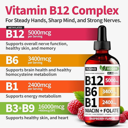 (4 Pack) Vitamin B12 and B6 Liquid Drops, B12 Sublingual Vitamin B Complex - B 12 Vitamin 5000mcg - B12 Methylcobalamin for Energy, Brain, and Heart Support with 27,200 mcg, Raspberry, 80 Servings