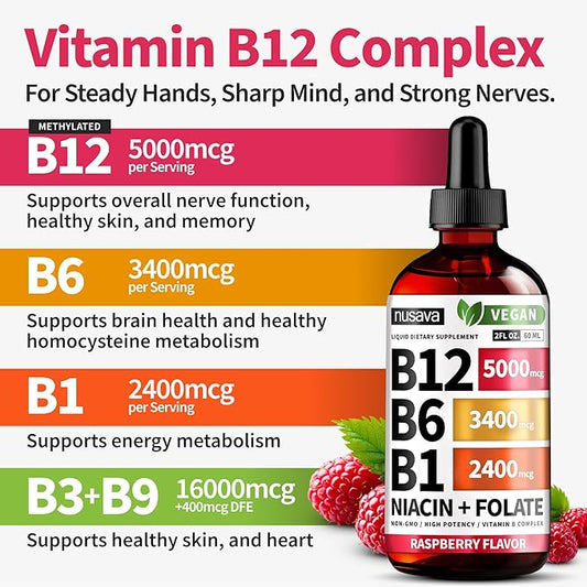 (4 Pack) Vitamin B12 and B6 Liquid Drops, B12 Sublingual Vitamin B Complex - B 12 Vitamin 5000mcg - B12 Methylcobalamin for Energy, Brain, and Heart Support with 27,200 mcg, Raspberry, 80 Servings