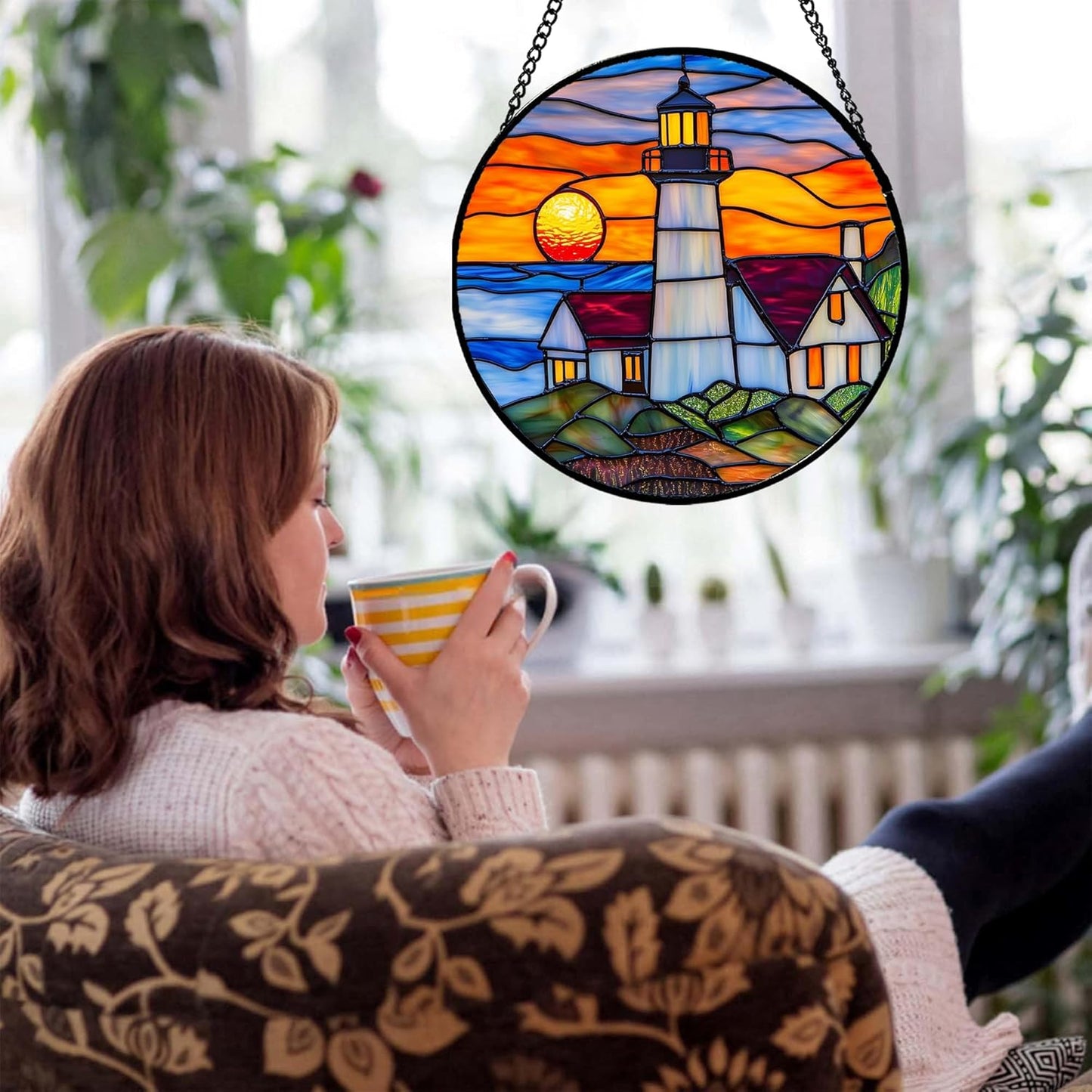 Stained Glass Window Hanging - Sea Lighthouse Suncatcher for Door Terrace Garden Home Decor Sunset Beach Scenery Sun Catcher Birthday Gifts for Lovers Women Men Dad Mom Nana 15 in