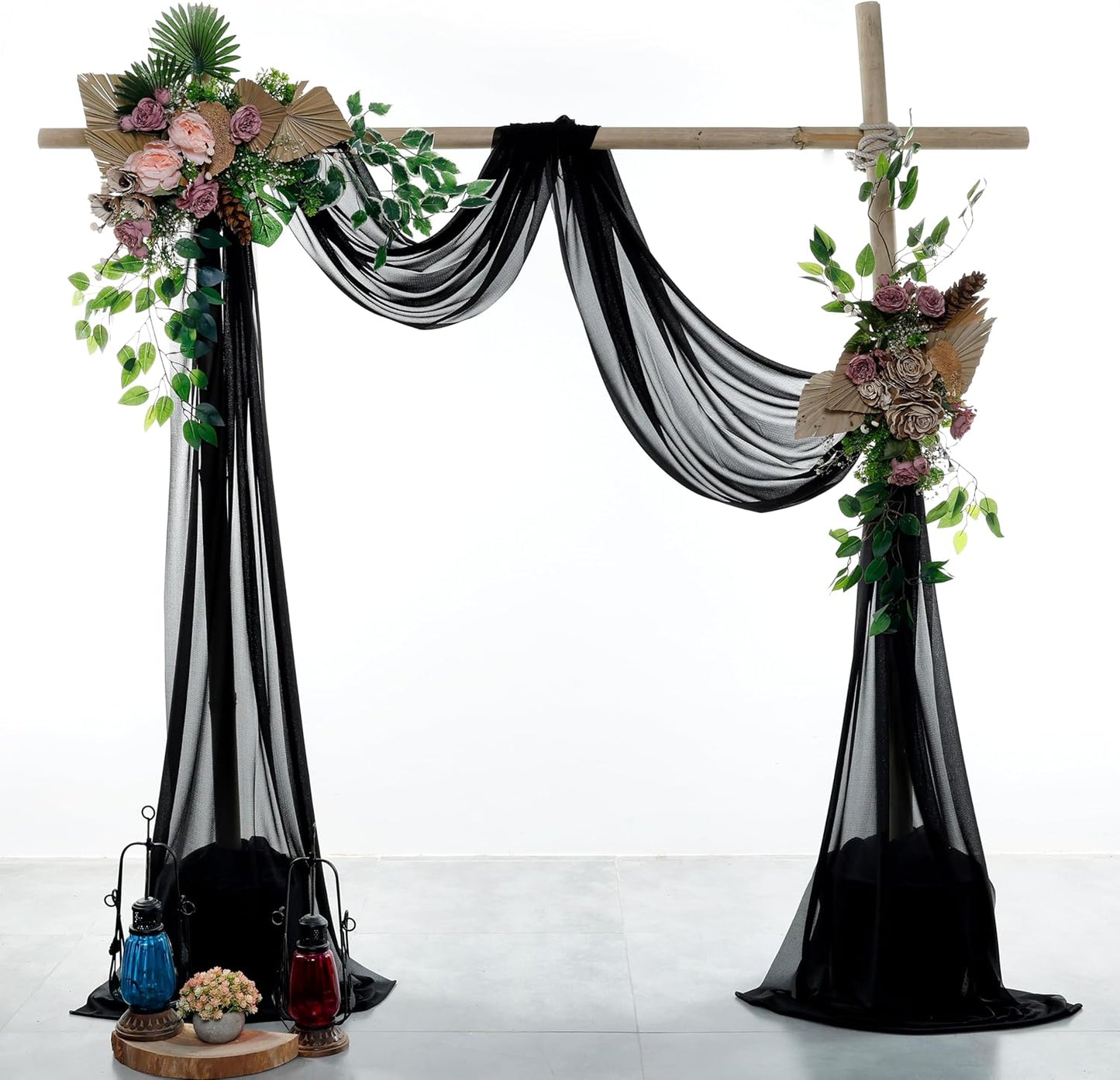 VDS Pack of 2 Panel (30 Inch X 100 Feet) Wedding Arch Draping Fabric Sheer Chiffon Fabric Drapery for Wedding Ceremony Reception Swag Backdrop Canopy Chuppah ARBO Altars Decoration (Black)