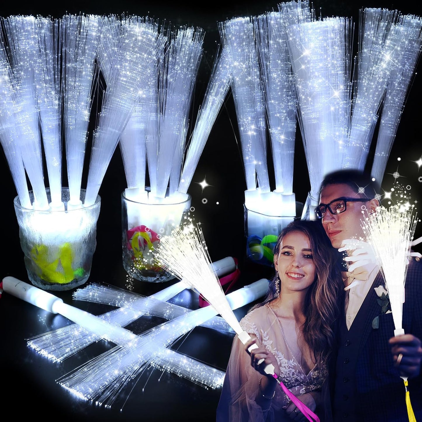 150 PCS White Fiber Optic Sticks, Glow Wands & Light Up Wands for Kids, Fiber Optic Wand with 3 Light Modes, Glow in The Dark Party Supplies, Wedding Party Supplies, for Wedding, New Year, Birthday