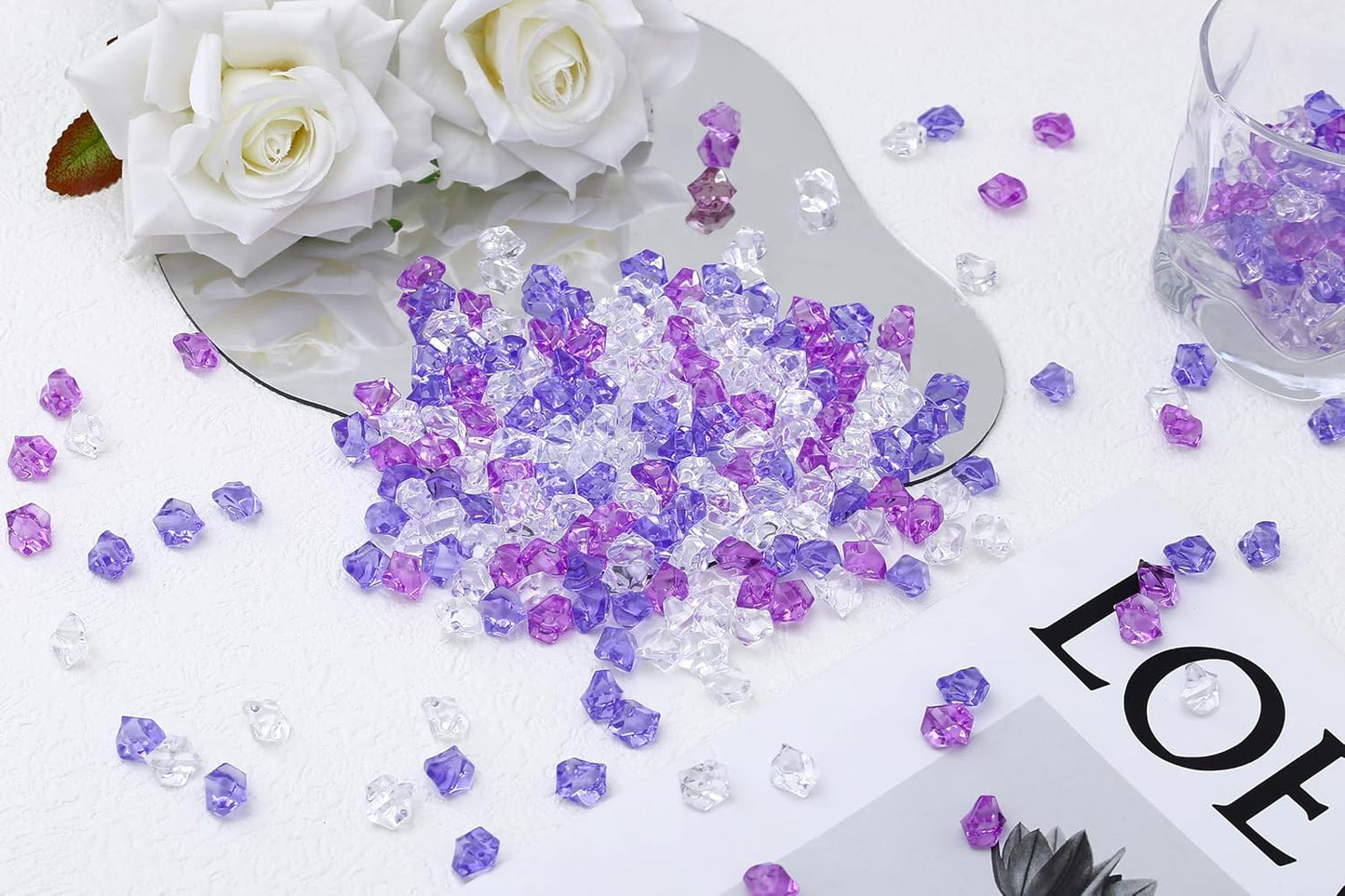 LAIDANLA 500PCS Mixed Purple Acrylic Gems Vase Fillers Fake Ice Cubes Plastic Diamonds Fake Crushed Rocks for Centerpiece DIY Party Table Scatter Prop Wedding Decoration Accessories