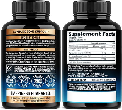 Calcium Supplements for Women - Calcium 1200 mg with Vitamin D3 & K2 - Bone Health, Strength & Density - High Absorption, Slow Release - Made in USA - Citrate & Carbonate Form, 180 Tablets for 2 Month