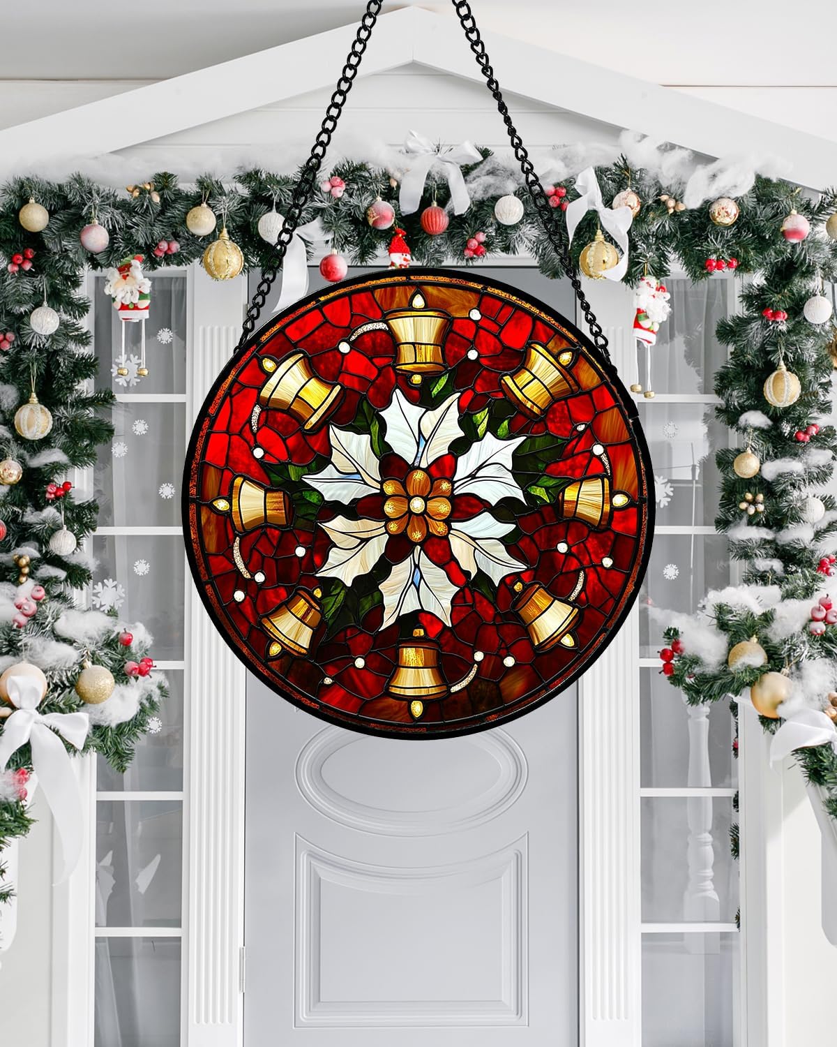 Stained Glass Window Hanging - Golden Bells Flowers Suncatcher for Doors Home Christmas Decoration Winter Sun Catcher Thanksgiving New Year Birthday Gift for Friend Women Men Mom Nana 6.3 in