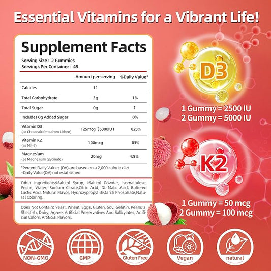 Vitamin D3 K2 Gummies w/Magnesium Sugar Free - 90 Count | D3 Vitamin 5,000 IU + K2(MK-7) 100 mcg - Vegan K2 D3 Vitamin Supplement, Highly Absorbent Supports Bone, Muscle, Mood & Immune(Lychee Flavor)