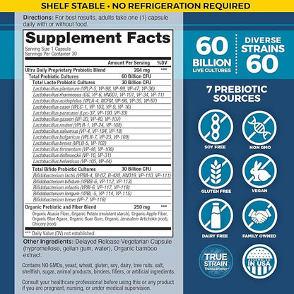 Vital Planet - Vital Flora Ultra Daily Probiotic 60 Billion CFU, 60 Diverse Strains, 7 Organic Prebiotics, Immune Support, Digestive Health Shelf Stable Probiotics for Women and Men 30 Capsules