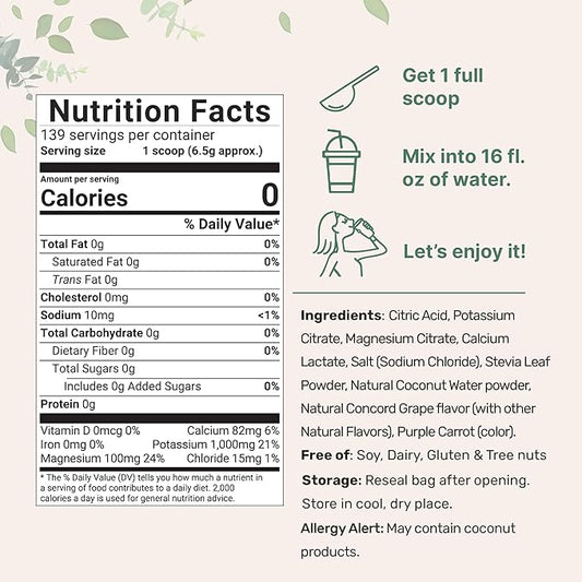 Micro Ingredients Hydration Electrolyte Powder, 2 lb (139 Servings) | Concord Grape Flavor | High Potassium (1,000mg) + Coconut Water | No Sugar, Keto Friendly | Non-GMO