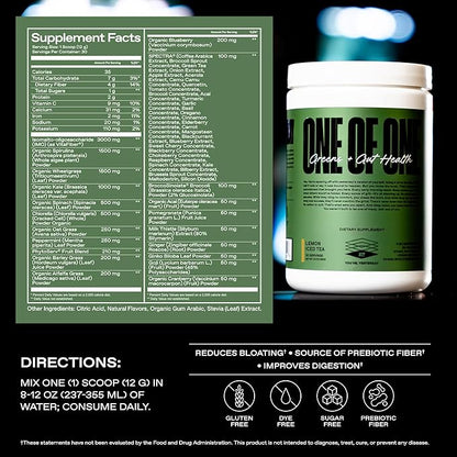 ONE OF ONE Greens & Gut Health – Superfood Greens Powder with Prebiotics, Probiotics & Digestive Enzymes for Gut Health, Immunity & Energy, No Artificial Sweeteners - Lemon Iced Tea, 30 Serving