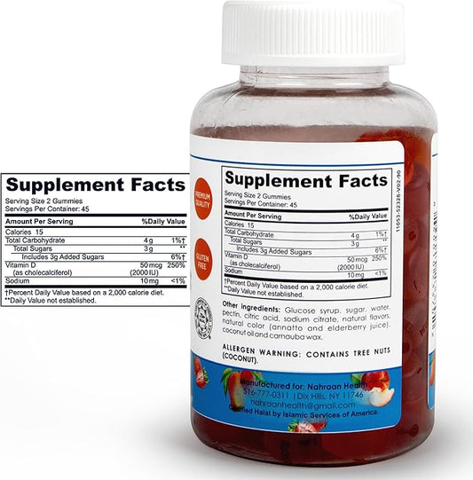 Halal Vitamin D3 2000 IU Gummies – Supports Immune, Bone & Muscle Health, Gelatin-Free, Vegetarian, Natural Fruit Flavor – 90 Count