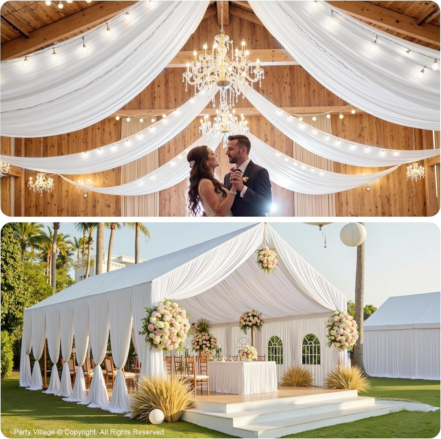 PartyVillage 10 Panels 5ftx30ft White Ceiling Drapes for Wedding Parties – 30 FT Extra Long Thick Polyester Wrinkle-Free Drapery Tent Decor Decorations for Birthday Party Ceremony Stage Swag