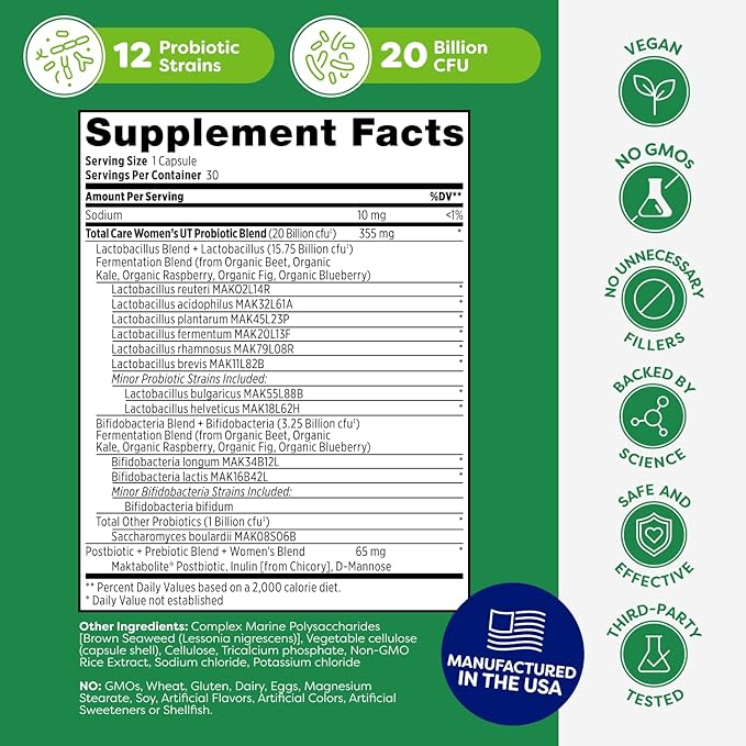Probulin Total Care Women's Urinary Tract = Prebiotics + Probiotics + Postbiotics to Support a Healthy Vaginal Microbiome - 20 Billion CFU - 12 Strains - 30 Vegan Capsules