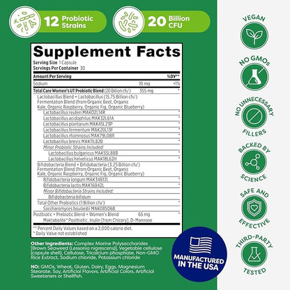 Probulin Total Care Women's Urinary Tract = Prebiotics + Probiotics + Postbiotics to Support a Healthy Vaginal Microbiome - 20 Billion CFU - 12 Strains - 30 Vegan Capsules
