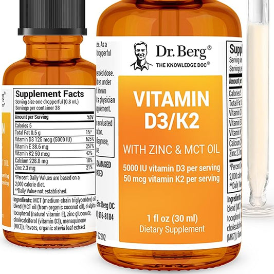 Dr. Berg Liquid Vitamin D3 & K2 Supplement with Zinc - for Bone, Teeth, Mood & Immune Health* - Vitamin D3 & K2 Drops for Adults - 1 fl oz