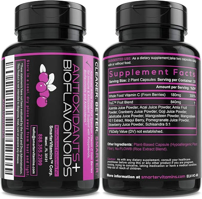 Smarter Raw Whole Food Vitamin C from Berries, Premium Antioxidants, Bioflavonoids & Polyphenols, 60 Vegan Capsules