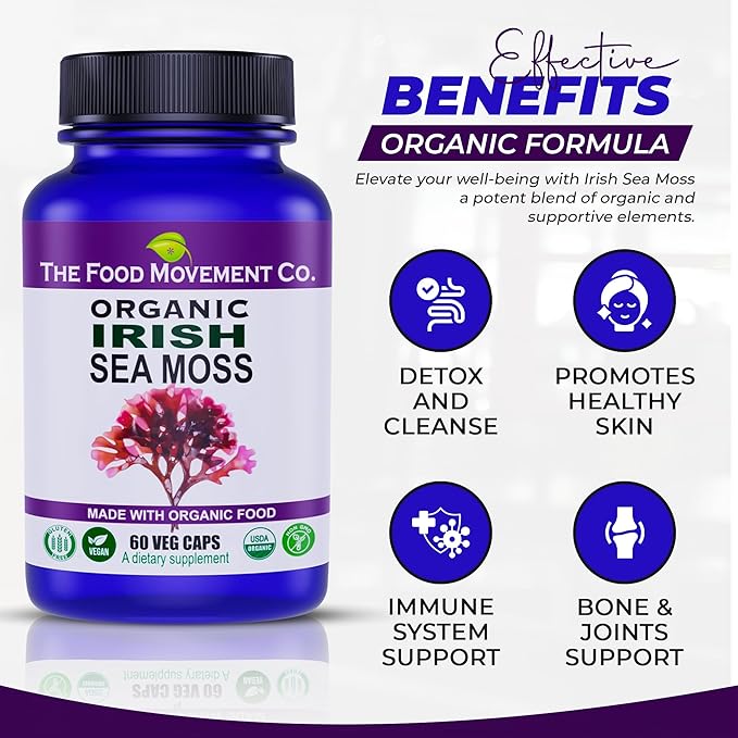 Irish Sea Moss, Organic Prebiotic Food, Over 70 Trace Minerals, Supports Healthy Elimination, Digestion and Immune Support 60 Vegetarian Capsules