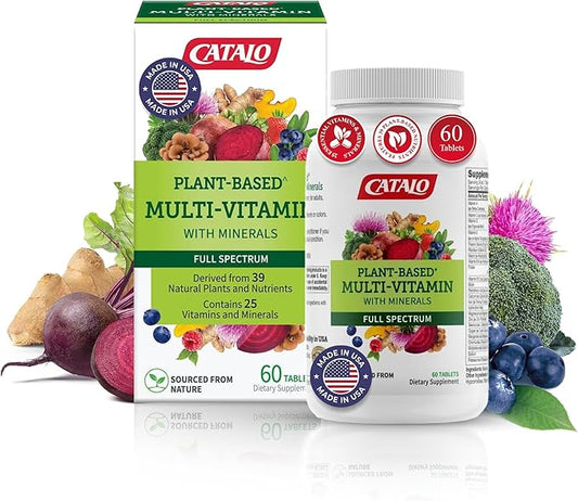 CATALO Multivitamin for Women & Men with Minerals Tablets – Plant-Based Formula with 25 Essential Vitamins & Minerals, Includes 39 Fruits, Vegetables, Mushrooms & Herbs – 60 Tablet