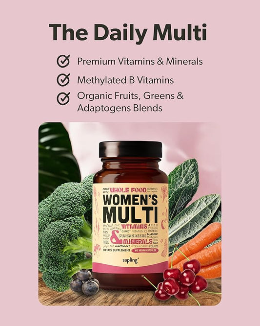 Multivitamin for Women - Daily Women’s Multivitamin - Methylated B Complex with Whole Food Ingredients, Vitamin B12, Folate, A, C, D3, E, K2, Organic Fruits & Vegetables - Vegan, Non-GMO - 60 Caps