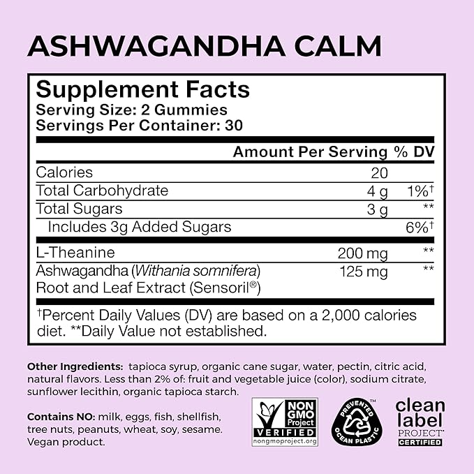 HUM Ashwagandha Calm- L-Theanine & Ashwagandha for Daily Relaxation & Mood Support - Mixed Berry Flavor (60-Count)