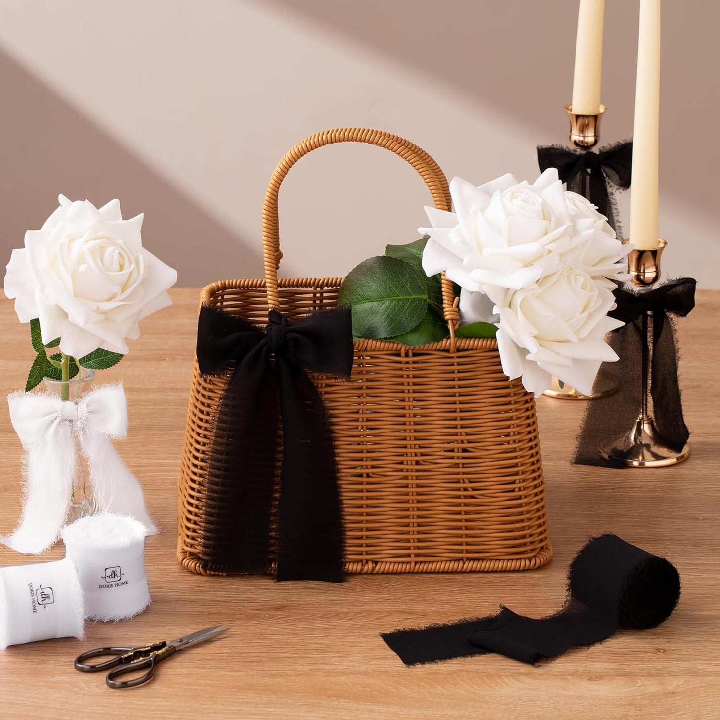 DORIS HOME 2" x21Yd Chiffon Ribbon for Flower Bouquet, Black & White Fabric Ribbon for Gift Wrapping, Handmade Frayed Ribbon for Wedding Christmas Decorations