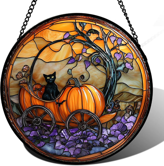 Stained Glass Window Hanging - Halloween Pumpkin Carriage Black Cat Suncatcher for Doors Window Garden Spooky Sun Catchers Gothic Decor Horror Gifts for Women Men Friend Boy Girl 7.8 in