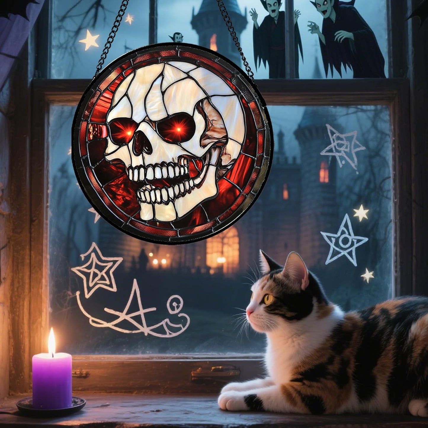 Stained Glass Window Hanging - Halloween Decorations White Skeleton Suncatcher for Doors Garden Indoor Spooky Funny Red Sun Catchers Gothic Decor Horror Gifts for Women Men Friend 11.8 in