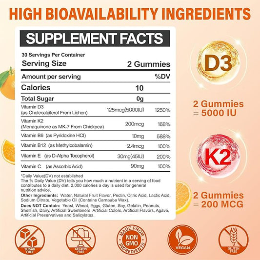 2Packs Vitamin D3 K2 Gummies for Adults, Sugar-Free Vitamin D3 5000IU + K2(MK-7) 200mcg Supplement with Vitamin B Complex & Vitamin C E Supports Bone, Muscle, Teeth & Immune, Vegan, Gluten Free