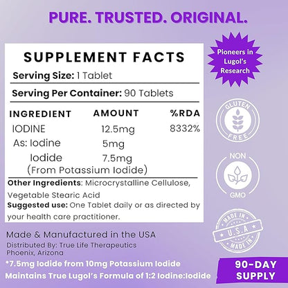 Lugol's Iodine Tablets 12.5mg x 90 ct - Reddish Brown Stable Iodine + Potassium Iodide Formula, Masks Bitter Liquid Taste, Thyroid Support, Detox, Breast Health - No Preservative, Non-GMO, Gluten-free