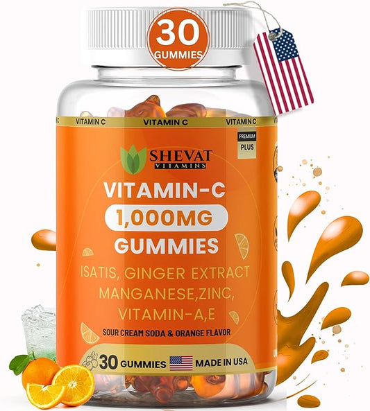 Vitamin C Gummies 1000mg – Antioxidant & Immune Support with Zinc, Ginger, Isatis & Manganese – Vitamin A & E – Sour Cream Soda & Orange Flavor – 30 Gummies, Made in USA