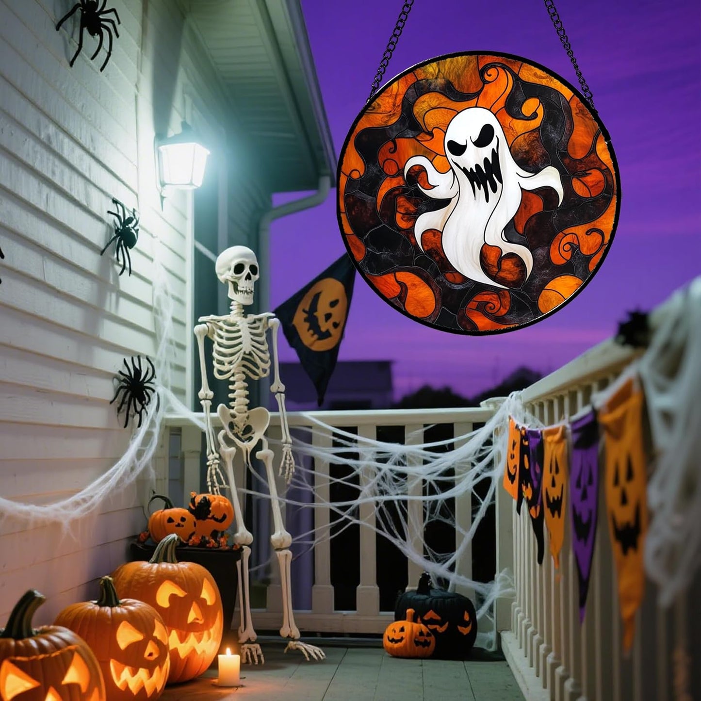 Stained Glass Window Hanging - Halloween White Ghost Suncatcher for Doors Window Garden Indoor Spooky Funny Orange Sun Catchers Gothic Decor Horror Gifts for Women Men Friend 6.3 in