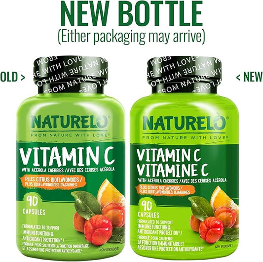 NATURELO Vitamin C with Organic Acerola Cherry Extract and Citrus Bioflavonoids - Vegan Supplement - Immune Support - 500 mg VIT C per Cap - Non-GMO - 90 Capsules