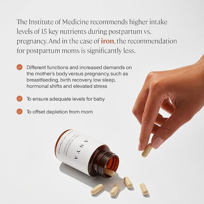 ANYA Postpartum Multivitamin, Postnatal Vitamin for Women Breastfeeding, 30 Capsules - Vitamins A, C, D3, Zinc, B12, Biotin, Folate and Iron - 100% Vegan, Non-GMO, Gluten Free, Baby Shower Gifts