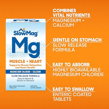 SlowMag Mg Muscle + Heart Magnesium Chloride with Calcium Supplement, 60 Count