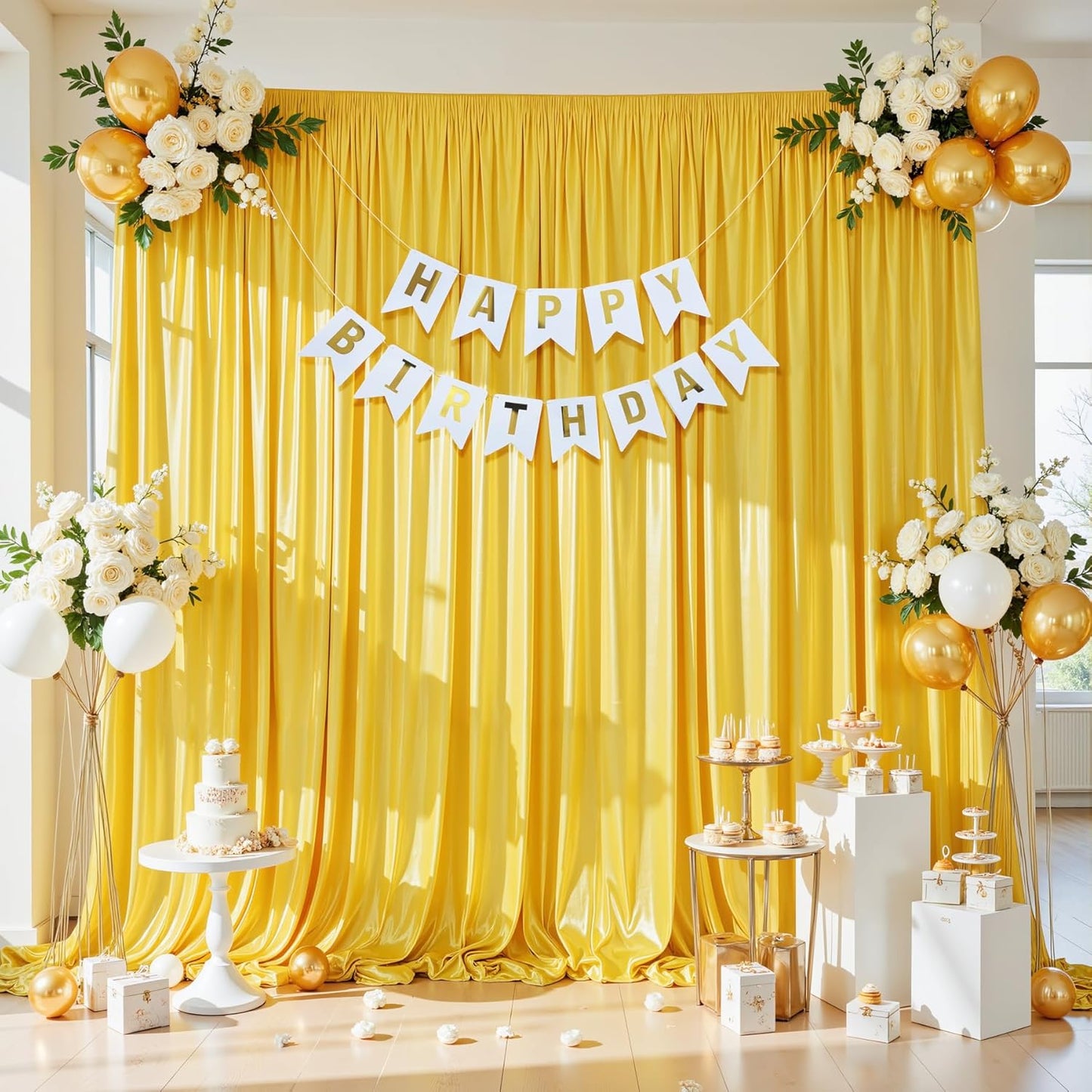 10x10 ft Yellow Gold Glitter Backdrop Curtain for Parties, Wrinkle Free Glitter Photo Backdrop Drapes 2 Panels 5x10FT Shimmer Back Drop Cloth for Wedding Birthday Stage Photography Background