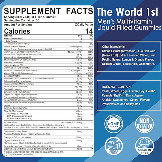2 Pack - Mens Multivitamins Gummies, Multiminerals, Vegan Omega 3, CoQ10, Probiotics, Daily Mens Vitamins A C D E B6 B12, Methylated Multivitamin for Men, Energy, Immunity, Sugar Free, Vegan (No Iron)