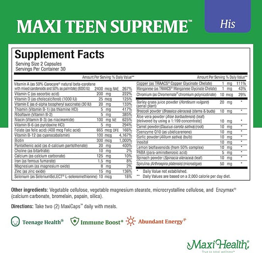 Teen Vitamins for Boys 12-17 - Teen Multivitamin Supreme with D3, Iron, Calcium, Biotin, Digestive Enzymes – Teenager Boy Multi Vitamins for Energy, Brain & Mood Support – 60 Count