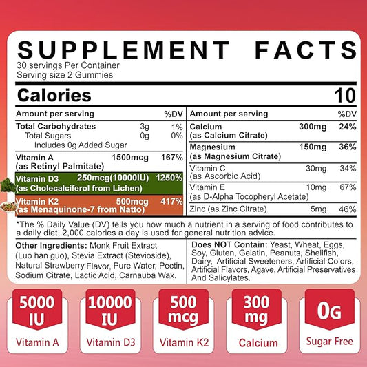ADK Supplement - Vitamin D3 10000 IU + K2 (MK7) 500mcg + A 5000IU Gummies w/ Calcium Magnesium for Women & Men, K2 D3 Vitamin Supplement for Stronger Bone, Muscle, Vision, Immune, Sugar Free 2Packs