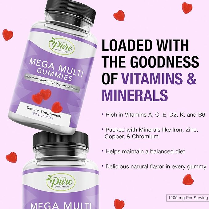 Pure By Nature Mega Multi Gummies, Multivitamin Gummies for Women & Men, Kids Multivitamin Gummies with A, D2, C, E, K, Biotin, Folic Acid, Natural Flavored, 60 Count