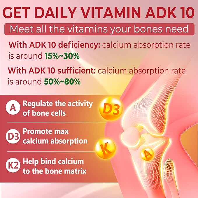 ADK Supplement - Vitamin D3 10000 IU + K2 (MK7) 500mcg + A 5000IU Gummies w/ Calcium Magnesium for Women & Men, K2 D3 Vitamin Supplement for Stronger Bone, Muscle, Vision, Immune, Sugar Free 2Packs