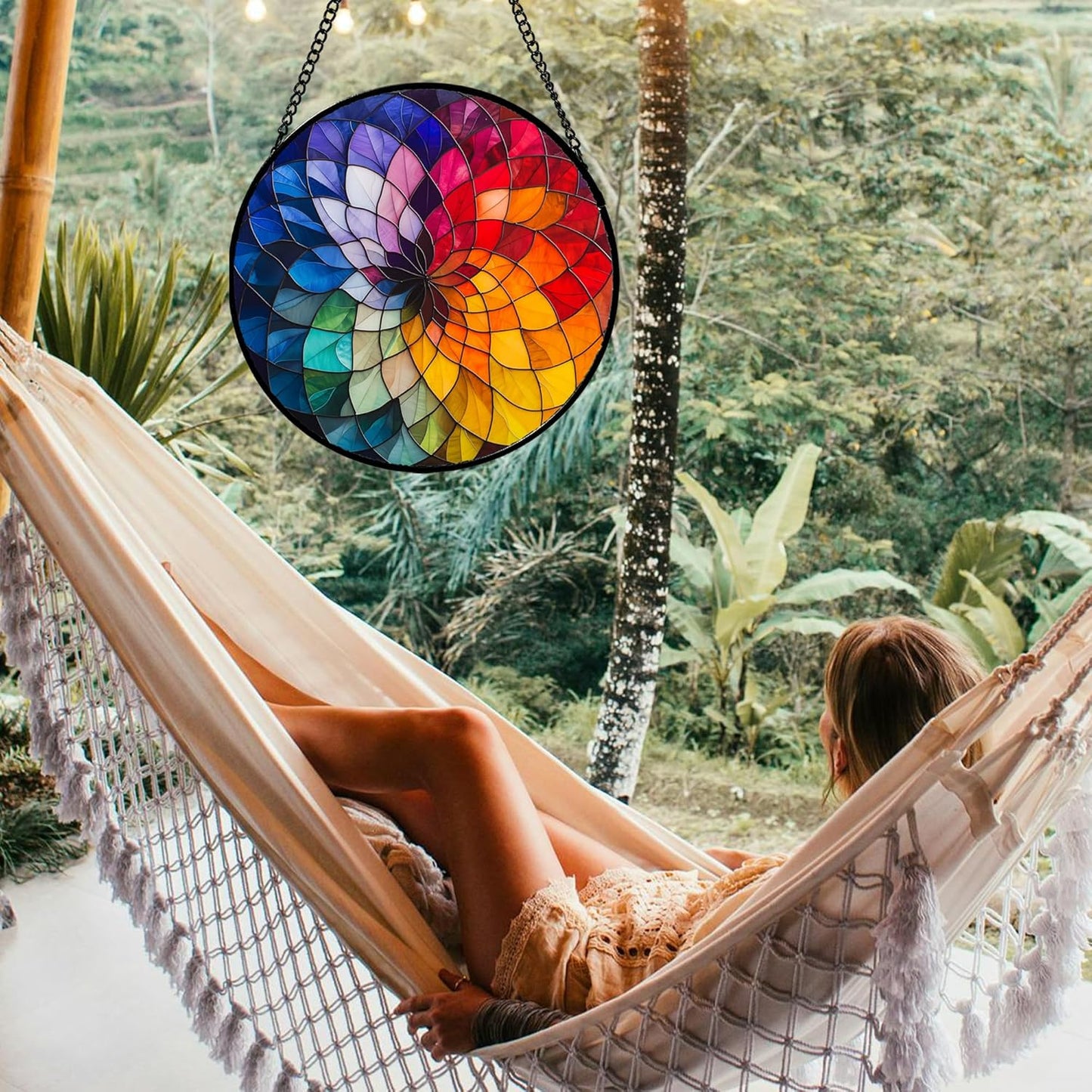 Stained Glass Window Hanging - Colorful Flowers Sun Catcher for Door Terrace Garden Home Decor, Abstract Gradient Suncatcher Birthday Gifts for Lovers Women Men Dad Mom Nana 9.8 in