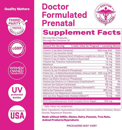 Pink Stork Total Prenatal Vitamins with DHA, Folate, Iron, Choline, and Vitamin B12 - Prenatals for Women to Support Fetal Development, Pregnancy Essentials, Berry Essence, 60 Capsules, 1 Month Supply