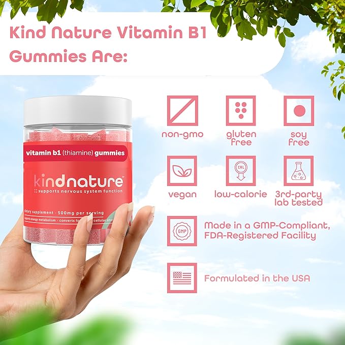 kindnature Vitamin B1 Gummies 500mg – High Potency Thiamine Supplement for Energy, Focus & Nervous System – Vegan, Non-GMO Chewable B1 Vitamins for Adults & Kids – Natural Strawberry Flavor – 60 Ct