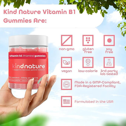 kindnature Vitamin B1 Gummies 500mg – High Potency Thiamine Supplement for Energy, Focus & Nervous System – Vegan, Non-GMO Chewable B1 Vitamins for Adults & Kids – Natural Strawberry Flavor – 60 Ct