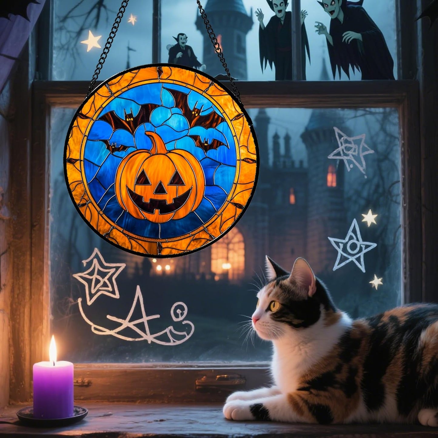 Stained Glass Window Hanging - Halloween Evil Pumpkin Suncatcher for Doors Window Garden Indoor Spooky Brown Bat Sun Catchers Gothic Decor Horror Gifts for Women Men Friend Boy Girl 9.8 in